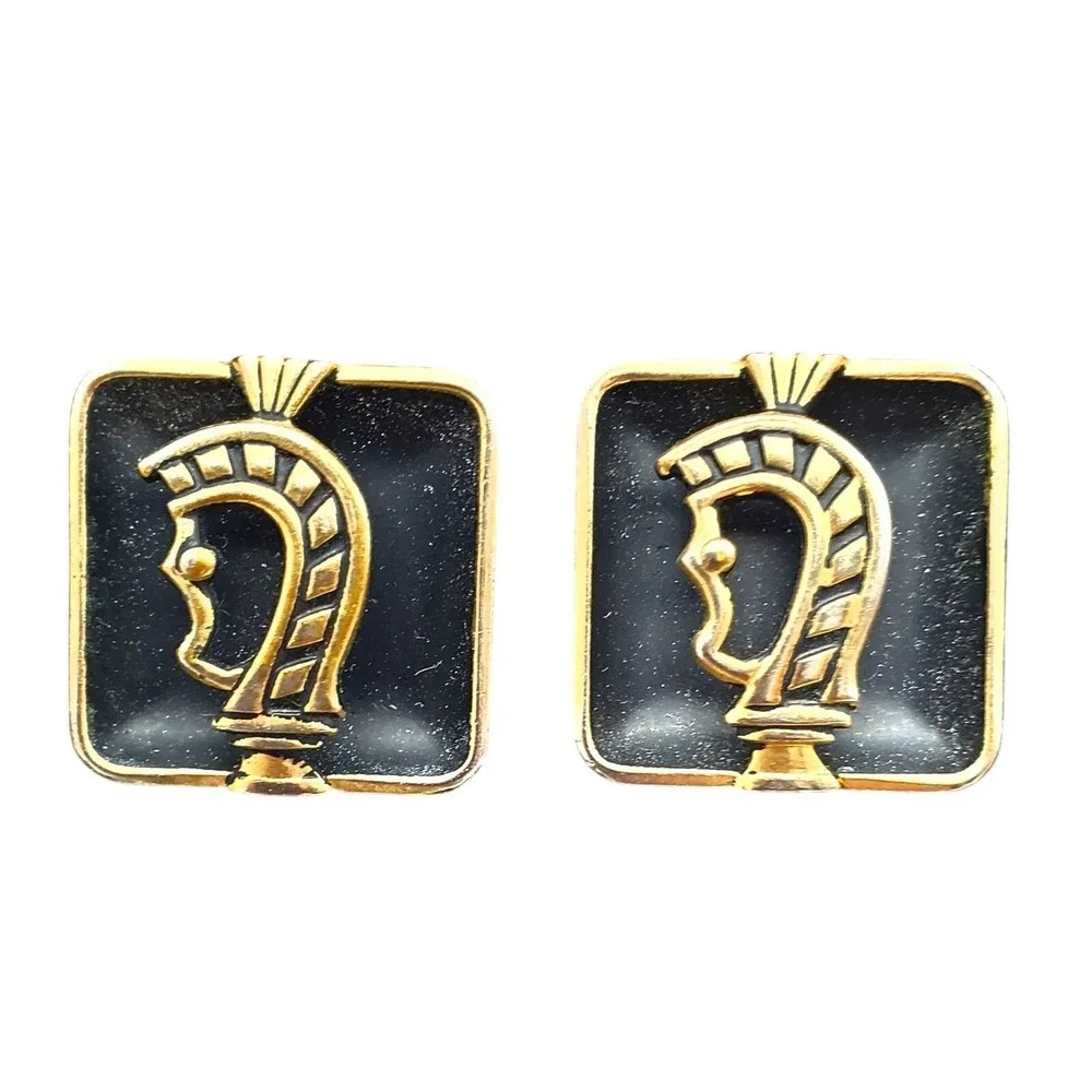 Swank Knight Black Enamel Cufflinks Square Gold Tone Soldier Warrior Vintage